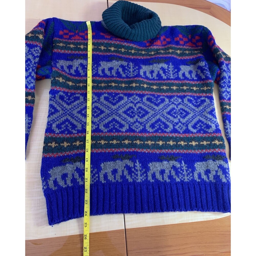 Eddie Bauer Sweater Pullover Vintage Wool turtleneck Deer Animals Geometric Aran - Picture 13 of 16